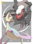  border closed_mouth commentary_request cresselia darkrai eye_contact gen_4_pokemon highres jahana_mei legendary_pokemon looking_at_another mythical_pokemon no_humans outside_border pokemon pokemon_(creature) signature violet_eyes white_border 