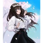  1girl belt black_skirt blue_eyes blue_sky brown_belt brown_hair buttons character_request charm_(object) cherry_blossoms copyright_request eyebrows_visible_through_hair geminingen hair_between_eyes highres korean_commentary long_hair long_sleeves looking_at_viewer petals pillarboxed shirt skirt sky solo tongue tongue_out tree white_shirt wide_sleeves 