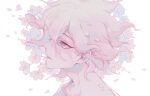  1boy bangs cherry_blossoms commentary_request dangan_ronpa_(series) dangan_ronpa_2:_goodbye_despair face flower from_side grey_eyes hair_between_eyes head highres komaeda_nagito looking_up lower_teeth male_focus messy_hair open_mouth petals pink_flower portrait profile shirt solo white_background white_shirt xiwang_xintu 