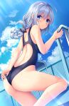  1girl adjusting_clothes adjusting_swimsuit ahoge black_swimsuit blue_eyes blue_sky braid chain-link_fence clouds competition_swimsuit day dutch_angle fence folded_ponytail from_behind from_below highres kizuna_akari one-piece_swimsuit outdoors pool_ladder silver_hair single_braid sky solo swimsuit umitonakai voiceroid 