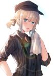  1girl bangs blonde_hair bloom blue_eyes blunt_bangs blush brown_headwear brown_shirt buttons cabbie_hat character_request collared_shirt commentary_request eyebrows_visible_through_hair eyes_visible_through_hair flat_chest hand_on_hip hat highres hitomin_(ksws7544) holding_cloth lens_flare open_mouth original shirt sidelocks simple_background solo standing striped suspenders sweat two_side_up upper_body v-shaped_eyebrows vertical_stripes white_background 