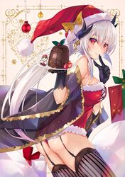  1girl ass bangs black_gloves black_legwear blush breasts dragon_horns dress fate/grand_order fate_(series) fur_trim garter_straps gloves hat hinot horns kiyohime_(fate/grand_order) long_hair looking_at_viewer multiple_horns red_dress red_eyes red_headwear santa_costume santa_hat short_dress silver_hair smile thigh-highs thighs 