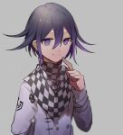  1boy arm_behind_back bangs black_hair checkered checkered_scarf closed_mouth dangan_ronpa_(series) dangan_ronpa_v3:_killing_harmony double-breasted grey_background hair_between_eyes hand_up highres huyuharu0214 index_finger_raised jacket long_sleeves looking_at_viewer male_focus multicolored_hair ouma_kokichi purple_hair scarf shiny shiny_hair short_hair simple_background smile solo straitjacket upper_body violet_eyes white_jacket 