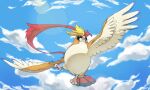  bird blue_sky brown_eyes claws clouds cloudy_sky commentary creature day english_commentary flying full_body gen_1_pokemon looking_at_viewer mega_pidgeot mega_pokemon no_humans pidgeot pinkgermy pokemon pokemon_(creature) sky solo 