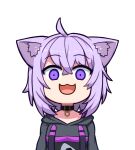  1girl :3 :d ahoge animal_ear_fluff animal_ears breasts cat_ears collar face hair_between_eyes hololive hololive_gamers hood hoodie kagelantern looking_at_viewer nekomata_okayu onigiri_print open_mouth purple_hair smile solo transparent_background upper_body violet_eyes virtual_youtuber wide-eyed 