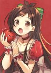  1girl ahoge apple bow brown_hair choker collarbone commentary earrings eyebrows_visible_through_hair food fruit green_bow hair_bow highres holding holding_food holding_fruit idolmaster idolmaster_cinderella_girls jewelry long_hair looking_at_viewer meisa_work open_mouth red_background red_bow red_choker red_eyes signature solo symbol_commentary tsujino_akari upper_body very_long_hair wrist_cuffs 