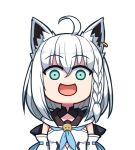  1girl :d ahoge animal_ear_fluff animal_ears braid breasts detached_sleeves face fox_ears green_eyes hair_between_eyes hololive hololive_gamers jewelry kagelantern long_hair looking_at_viewer open_mouth shirakami_fubuki single_earring smile solo transparent_background upper_body virtual_youtuber white_hair wide-eyed 