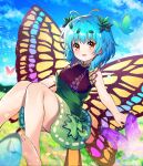  1girl :d absurdres antennae aqua_hair bangs bare_legs bare_shoulders barefoot blush breasts bug butterfly butterfly_wings clouds cloudy_sky commentary day dress eternity_larva eyebrows_visible_through_hair floating foot_out_of_frame glint green_dress hair_leaf highres insect lens_flare light_particles looking_at_viewer medium_breasts multicolored multicolored_clothes multicolored_dress open_mouth orange_eyes purple_dress short_hair sky sleeveless sleeveless_dress smile soles solo touhou wings yuujin_(yuzinn333) 