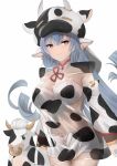  1girl animal_ears animal_print blue_hair blush breasts closed_mouth cow cow_ears cow_girl cow_hat cow_print detached_sleeves earrings granblue_fantasy highres jewelry large_breasts long_hair looking_to_the_side miya_star_saa navel pink_eyes shatola_(granblue_fantasy) sheer_clothes shorts simple_background smile solo white_background white_shorts 