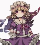  1girl bangs blonde_hair breasts commentary_request dress frilled_dress frills looking_at_viewer maribel_hearn purple_dress sato_imo short_hair simple_background solo touhou translation_request violet_eyes 