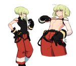  ... 1boy absurdres black_gloves cosplay galo_thymos galo_thymos_(cosplay) gloves green_hair highres instanttnoodle lio_fotia male_focus multiple_views pants pectorals promare red_pants shirtless simple_background spoken_ellipsis standing sweatdrop uniform violet_eyes white_background 