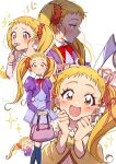  5girls absurdres blonde_hair blush eating eyelashes grgrton hair_ornament happy highres juliet_sleeves kasugano_urara_(yes!_precure_5) l&#039;ecole_des_cinq_lumieres_school_uniform long_hair long_sleeves looking_at_viewer multiple_girls multiple_persona open_mouth precure puffy_long_sleeves puffy_sleeves ribbon school_uniform shoes simple_background smile socks spoon twintails white_background yellow_eyes yes!_precure_5 yes!_precure_5_gogo! 