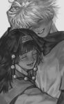 1boy 1other :d alluka_zoldyck arm_up bangs blurry closed_eyes depth_of_field grey_background greyscale hair_between_eyes hair_ornament hairband hand_in_hair hand_on_own_head happy hug hunter_x_hunter japanese_clothes killua_zoldyck long_hair long_sleeves messy_hair monochrome multi-tied_hair open_mouth parted_bangs parted_lips short_hair short_over_long_sleeves short_sleeves siblings simple_background smile teeth transgender umi_(k_mpk) upper_body 