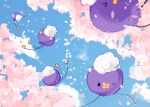  black_eyes blue_sky cherry_blossoms clouds cloudy_sky commentary_request creature day drifloon floating gen_4_pokemon highres looking_at_viewer no_humans one_eye_closed pokemon pokemon_(creature) sky yukiu_(yukiusagi913) 