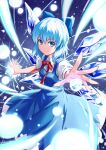  1girl absurdres bangs blue_bow blue_dress blue_eyes blue_hair bow cirno dress eyebrows_visible_through_hair fish.boy hair_bow highres ice ice_wings looking_at_viewer puffy_short_sleeves puffy_sleeves short_hair short_sleeves smile solo touhou wings 