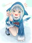  1girl :d animal_costume animal_hood bangs bare_legs blue_eyes blue_hair blue_nails blunt_bangs blush claw_pose commentary drawstring english_text eyebrows_visible_through_hair fingernails fish_tail gawr_gura heart highres hololive hololive_english hood hood_up long_hair long_sleeves looking_at_viewer multicolored_hair nail_polish open_mouth reaching_out shark_costume shark_girl shark_hood shark_tail sharp_teeth simple_background sleeves_past_wrists smile solo streaked_hair tail teeth v-shaped_eyebrows virtual_youtuber white_hair wide_sleeves yuzuno_kaori 