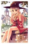  1girl absurdres animal_around_neck bangs blonde_hair blush body_blush border breasts brick_wall building clouds commentary_request day detached_sleeves doridori dress feet_out_of_frame fox hair_between_eyes hat highres house lamppost long_hair looking_at_viewer medium_breasts open_mouth outdoors professor_(ragnarok_online) ragnarok_online red_dress red_eyes red_sleeves sitting sky sleeveless sleeveless_dress solo star_(symbol) tree white_border window witch_hat 