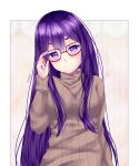  1girl adjusting_eyewear artist_name bangs bespectacled breasts commentary doki_doki_literature_club glasses hair_between_eyes head_tilt large_breasts long_hair long_sleeves molten_rock purple_hair red-framed_eyewear ribbed_sweater rissiriae smile solo sweater turtleneck turtleneck_sweater upper_body very_long_hair violet_eyes yuri_(doki_doki_literature_club) 