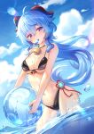  1girl ahoge ball bare_arms bare_shoulders beachball bikini black_bikini blue_hair blue_sky breasts clouds day floating_hair food front-tie_bikini front-tie_top ganyu_(genshin_impact) genshin_impact goat_horns highres holding holding_ball horns lalazyt long_hair looking_at_viewer medium_breasts mouth_hold ocean outdoors popsicle revision sky solo string_bikini summer swimsuit very_long_hair violet_eyes wading wet 
