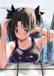  1girl armpits black_hair black_ribbon blue_eyes blush breasts fate/grand_order fate/stay_night fate_(series) hair_ribbon hand_in_hair highres lamb_(hitsujiniku) long_hair medium_breasts pool pool_ladder ribbon school_swimsuit solo swimsuit tohsaka_rin two_side_up upper_body wet 