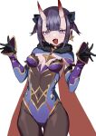  1girl :d bangs black_gloves blush cape cosplay covered_navel eyeliner fangs fate/grand_order fate_(series) genshin_impact gloves hikimayu horns leotard looking_at_viewer makeup mona_(genshin_impact) mona_(genshin_impact)_(cosplay) oni_horns open_mouth purple_hair shuten_douji_(fate/grand_order) simple_background smile solo sweat violet_eyes white_background wtcolor 