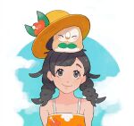  1girl animal_on_head asymmetrical_bangs bangs bird bird_on_head black_eyes blue_sky braid clouds cloudy_sky commentary_request creature day facing_viewer gen_7_pokemon happy jaho medium_hair on_head outdoors pokemon pokemon_(creature) pokemon_(game) pokemon_on_head pokemon_usum rowlet selene_(pokemon) sky smile twin_braids 