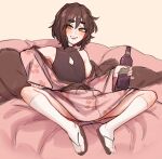  1girl :d blush bottle brown_hair cleavage_cutout clothing_cutout commentary commission english_commentary fingernails flat_chest highres holding holding_bottle japanese_clothes kimono looking_at_viewer lying medium_hair off_shoulder on_back open_mouth orange_eyes original pink_kimono pinky_out popopoka reclining sandals short_kimono sitting smile socks solo spread_legs white_legwear 