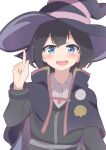  1girl :d black_capelet black_hair black_headwear black_robe blue_eyes blush capelet collared_shirt commentary_request crescent eyebrows_visible_through_hair grey_shirt hand_up hat hatafuta index_finger_raised long_sleeves looking_at_viewer majo_no_tabitabi open_mouth saya_(majo_no_tabitabi) shirt short_hair simple_background smile solo star_(symbol) upper_body upper_teeth white_background witch witch_hat 
