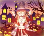  1girl bangs bat bat_wings blonde_hair bow closed_eyes commentary_request cowboy_shot cross cross_necklace doridori dress eyebrows_visible_through_hair hair_between_eyes halloween hand_on_headwear happy hat head_wings high_priest_(ragnarok_online) jack-o&#039;-lantern jewelry lamppost long_hair necklace open_mouth orange_sky pumpkin ragnarok_online red_dress sash sky solo sparkle standing town tree two-tone_dress white_bow white_dress white_sash window wings witch_hat 