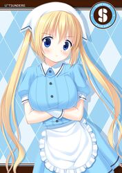  1girl apron argyle argyle_background blend_s blonde_hair blue_background blue_eyes blue_shirt blush breasts buttons collared_dress cowboy_shot crossed_arms dress embarrassed eyebrows_visible_through_hair frilled_apron frills gloves hair_between_eyes head_scarf hinata_kaho hinata_keiichi large_breasts long_hair looking_at_viewer shirt short_dress short_sleeves solo stile_uniform twintails uniform waist_apron waitress white_apron white_gloves white_headwear 