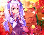  1girl :d ahoge alternate_costume animal_ears autumn autumn_leaves azur_lane bag baozi bench bird blurry blush_stickers casual chick commentary_request contemporary depth_of_field eyebrows_visible_through_hair fake_animal_ears food food_on_face forest hair_between_eyes handbag hat holding holding_food kyarameru76 laffey_(azur_lane) leaf light_purple_hair long_hair looking_at_viewer manjuu_(azur_lane) maple_leaf nature open_mouth park_bench picnic_basket rabbit_ears red_eyes sitting smile thermos tree twintails 
