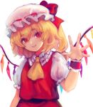  1girl absurdres ascot blonde_hair bow commentary_request crystal eyebrows_visible_through_hair flandre_scarlet flat_chest frilled_shirt_collar frills garan_co hair_between_eyes hand_up hat hat_bow head_tilt highres mob_cap one_side_up open_hand parted_lips puffy_short_sleeves puffy_sleeves red_bow red_eyes red_skirt red_vest short_hair short_sleeves simple_background skirt skirt_set smile solo touhou upper_body vest waving white_background white_headwear wings wrist_cuffs yellow_neckwear 