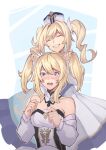  2girls alternate_hairstyle barbara_(genshin_impact) blonde_hair blue_eyes blush closed_eyes dress family happy jean_gunnhildr multiple_girls open_mouth phrecklesart siblings sisters smile twintails 