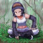  1girl :/ adeshi_(adeshi0693119) bare_shoulders beanie black_hair boots brown_eyes closed_mouth collarbone day elbow_gloves fingerless_gloves full_body gloves gorilla_(kemono_friends) half-closed_eye hat highres indian_style kemono_friends leaning_to_the_side looking_at_viewer medium_hair midriff navel outdoors pants raised_eyebrow sidelocks sitting solo stomach tan tank_top white_pants white_tank_top 