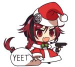 1girl black_hair braid bsapricot chibi ear_protection english_commentary fang full_body furrowed_eyebrows girls_frontline gun hair_between_eyes hat headset holding holding_gun holding_sack holding_weapon long_braid long_hair looking_at_viewer microphone multicolored_hair open_mouth original padoru red_eyes redhead sack santa_costume santa_hat simple_background smile solo streaked_hair weapon white_background yc9_(girls_frontline)_(bsapricot) 