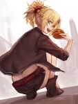  1girl aito blonde_hair commentary_request fate/grand_order fate_(series) green_eyes hamburger highres long_hair mordred_(fate) mordred_(fate)_(all) ponytail 