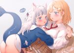  2girls animal_ear_fluff animal_ears ass bangs blonde_hair blue_eyes blue_hair blue_hoodie blunt_bangs blush breasts cat_ears eyebrows_visible_through_hair fish_tail gawr_gura hair_ornament highres hololive hololive_english hood hoodie hug kemonomimi_mode long_hair long_sleeves monocle_hair_ornament multicolored_hair multiple_girls naked_hoodie necktie one_eye_closed open_mouth plaid plaid_skirt red_neckwear shark_tail sharp_teeth shirt short_hair skirt streaked_hair tail teeth virtual_youtuber watson_amelia white_shirt zhaofeng_yinyue 