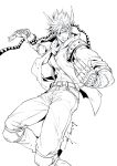  1boy battle_tendency belt caesar_anthonio_zeppeli closed_mouth commentary facial_mark feather_hair_ornament fingerless_gloves gloves greyscale hair_ornament hair_over_one_eye headband high_contrast highres jacket jojo_no_kimyou_na_bouken jojo_pose knee_pads lineart looking_at_viewer male_focus monochrome one_eye_covered pants pose sashiyu scarf short_hair short_sleeves signature simple_background solo symbol_commentary triangle_print white_background 