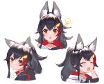  1girl :o animal_ear_fluff animal_ears bangs black_hair black_hoodie brown_eyes closed_eyes closed_mouth commentary cropped_torso eyebrows_visible_through_hair hair_between_eyes hair_ornament hand_up hololive hood hood_down hoodie izumi_sai light_bulb long_hair looking_at_viewer multicolored_hair multiple_views ookami_mio open_mouth redhead sidelocks simple_background streaked_hair upper_body v-shaped_eyebrows virtual_youtuber white_background white_hoodie wolf_ears yawning 