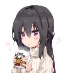  1girl amano_kouki bangs black_hair blush_stickers braid commentary_request cup eyebrows_visible_through_hair hair_between_eyes highres holding holding_cup long_hair long_sleeves mug note-chan original parted_lips ribbed_sweater simple_background solo steam sweater swimsuit turtleneck turtleneck_sweater upper_body violet_eyes white_background white_swimsuit 
