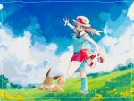  1girl aqua_legwear aqua_shirt black_wristband brown_eyes brown_hair bucket_hat clouds eevee field floating_hair flower framed gen_1_pokemon grass hanenbo hat highres holding holding_poke_ball leaf_(pokemon) long_hair looking_down loose_socks outdoors outstretched_arms pleated_skirt poke_ball poke_ball_(basic) pokemon pokemon_(creature) pokemon_(game) pokemon_frlg red_skirt shirt shoes signature skirt sky sleeveless sleeveless_shirt standing standing_on_one_leg white_footwear white_headwear wristband yellow_flower 