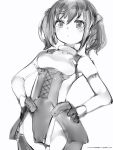  1girl :&lt; bare_shoulders breasts closed_mouth copyright_request cowboy_shot gloves greyscale hands_on_hips highres looking_at_viewer medium_hair monochrome nanashi_(nlo) pantyhose pelvic_curtain simple_background small_breasts solo standing twintails white_background 