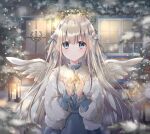  1girl angel angel_wings arms_up bangs blue_dress blue_eyes blurry_foreground candle christmas christmas_lights christmas_wreath door dress english_commentary expressionless eyebrows_visible_through_hair fur_jacket hair_ornament hair_ribbon halo high_collar highres hoshiibara_mato ivy lantern light_blush long_hair looking_at_viewer night original outdoors pine_tree ribbon shiny shiny_hair silver_hair snow solo standing star_(symbol) tree upper_body very_long_hair window wings winter 