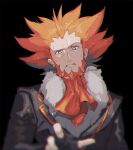  1boy black_background black_gloves black_jacket commentary_request facial_hair fingerless_gloves fur-trimmed_jacket fur_trim gloves jacket kusuribe looking_at_viewer lysandre_(pokemon) male_focus orange_hair parted_lips pokemon pokemon_(game) pokemon_xy signature simple_background solo spiky_hair team_flare 