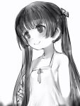  1girl anquette-chan_(nanashi) bare_shoulders blush closed_mouth dress greyscale halterneck highres long_hair monochrome nanashi_(nlo) original simple_background smile solo sundress twintails upper_body white_background 