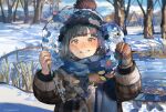  1girl bangs beanie black_hair black_headwear blue_scarf blush brown_eyes coat day grin hat heart holding ice leaf long_sleeves looking_at_viewer mole mole_under_eye original outdoors pom_pom_(clothes) pond sasumata_jirou scarf short_hair single_mitten slide smile snow solo swing tree twitter_username water winter winter_clothes 