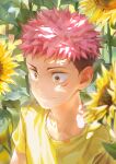  1boy beitemian brown_eyes brown_hair close-up facial_mark floral_background flower highres itadori_yuuji jujutsu_kaisen light_smile looking_to_the_side male_focus pink_hair shadow short_hair smile solo spiky_hair sunflower sunlight undercut upper_body younger 