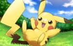  :d black_eyes blue_sky clouds cloudy_sky commentary_request creature day full_body gen_1_pokemon grass hakuginnosora happy no_humans open_arms open_mouth outdoors pikachu pokemon pokemon_(creature) sitting sky smile solo tree 
