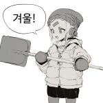 1girl :d beanie coat commentary cowboy_shot ddari english_commentary fang greyscale hat headphones highres holding holding_shovel korean_text long_sleeves medium_hair mittens monochrome open_mouth original pantyhose shovel skirt smile solo standing sweat translation_request winter_clothes winter_coat 