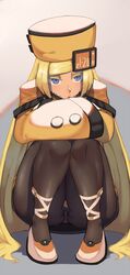  1girl belt_boots blonde_hair blue_eyes boots brown_legwear cross-laced_footwear crossed_arms fur_hat guilty_gear guilty_gear_xrd hat long_hair long_sleeves millia_rage orange_headwear panties panties_under_pantyhose pantyhose shoes solo squatting suwaiya underwear ushanka 